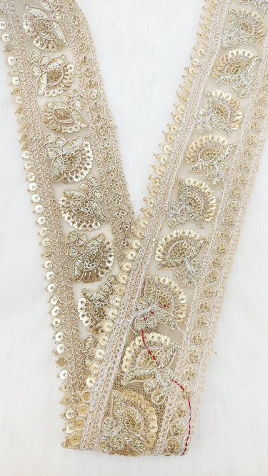Gold Sequins Trim 2 Yards Decorative Floral Embroidered Lace Sari Border Costume Ribbon Crafting Sewing Tape